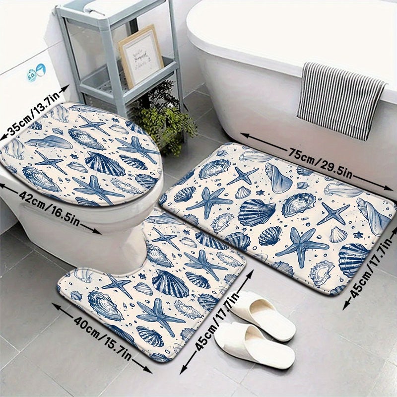 2pcs 3pcs Blue Starfish Shell Pattern Bathroom Floor Mat Set Strong Absorbency U Shaped Toilet Mat 15.75 Inch By 23.62 Inch And U 15.75 Inch By 19.69 Inch For Kitchen Bathroom Door Bedroom Carpet Outdoor Entryway Laundry Room Shower Indoor Mat - Image 1