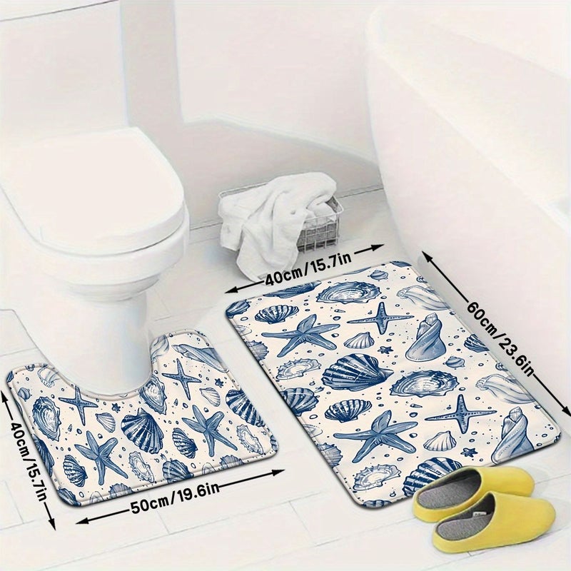 2pcs 3pcs Blue Starfish Shell Pattern Bathroom Floor Mat Set Strong Absorbency U Shaped Toilet Mat 15.75 Inch By 23.62 Inch And U 15.75 Inch By 19.69 Inch For Kitchen Bathroom Door Bedroom Carpet Outdoor Entryway Laundry Room Shower Indoor Mat - Image 3