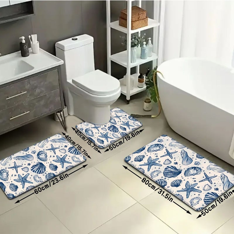 2pcs 3pcs Blue Starfish Shell Pattern Bathroom Floor Mat Set Strong Absorbency U Shaped Toilet Mat 15.75 Inch By 23.62 Inch And U 15.75 Inch By 19.69 Inch For Kitchen Bathroom Door Bedroom Carpet Outdoor Entryway Laundry Room Shower Indoor Mat - Image 4