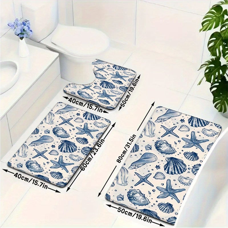 2pcs 3pcs Blue Starfish Shell Pattern Bathroom Floor Mat Set Strong Absorbency U Shaped Toilet Mat 15.75 Inch By 23.62 Inch And U 15.75 Inch By 19.69 Inch For Kitchen Bathroom Door Bedroom Carpet Outdoor Entryway Laundry Room Shower Indoor Mat - Image 2