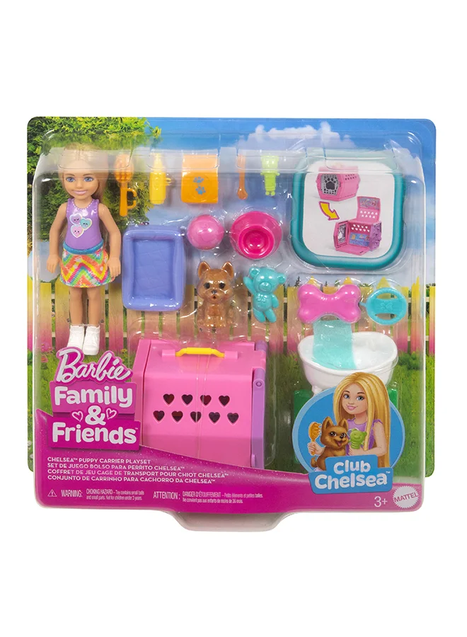 Barbie Barbie Chelsea® Puppy Carrier Playset, Blonde Small Doll and Accessories, Dog Carrier with Puppy Themed Play Pieces