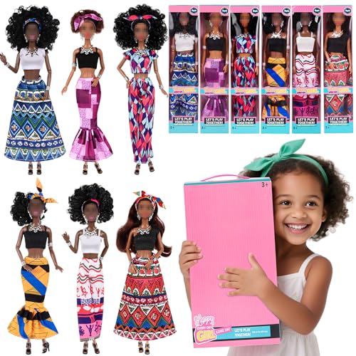 dollbie 6 Pack African American Fashion Dolls Set with Mix Match Outfits 115 Posable Black Dolls 5 Accessories Each Crown Necklace Headscarf More Pink Gift Case - Image 5