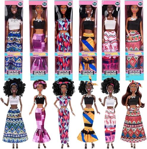 dollbie 6 Pack African American Fashion Dolls Set with Mix Match Outfits 115 Posable Black Dolls 5 Accessories Each Crown Necklace Headscarf More Pink Gift Case - Image 1