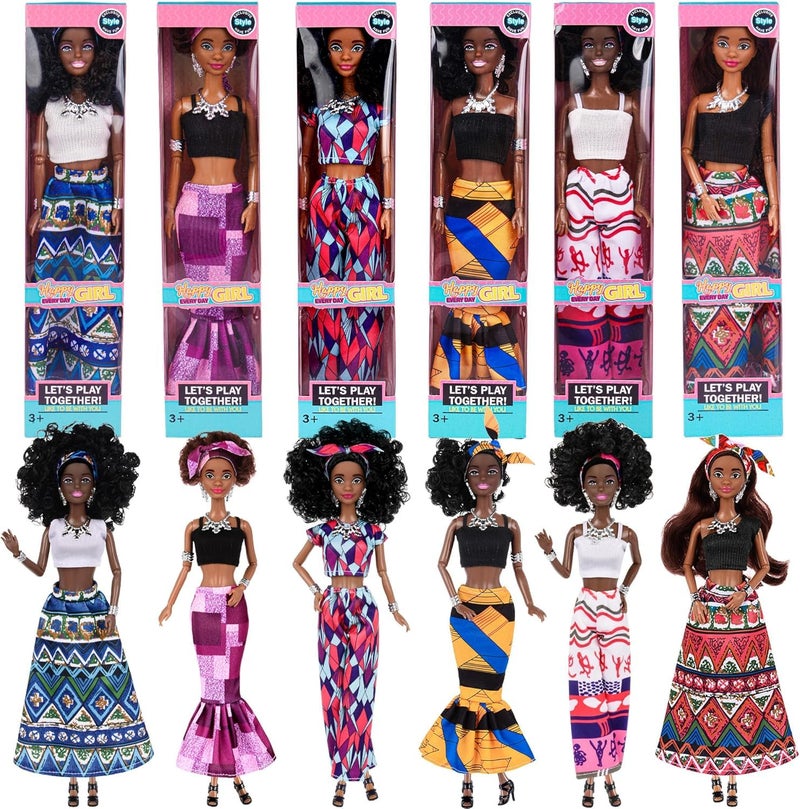 dollbie 6 Pack African American Fashion Dolls Set with Mix Match Outfits 115 Posable Black Dolls 5 Accessories Each Crown Necklace Headscarf More Pink Gift Case - Image 2
