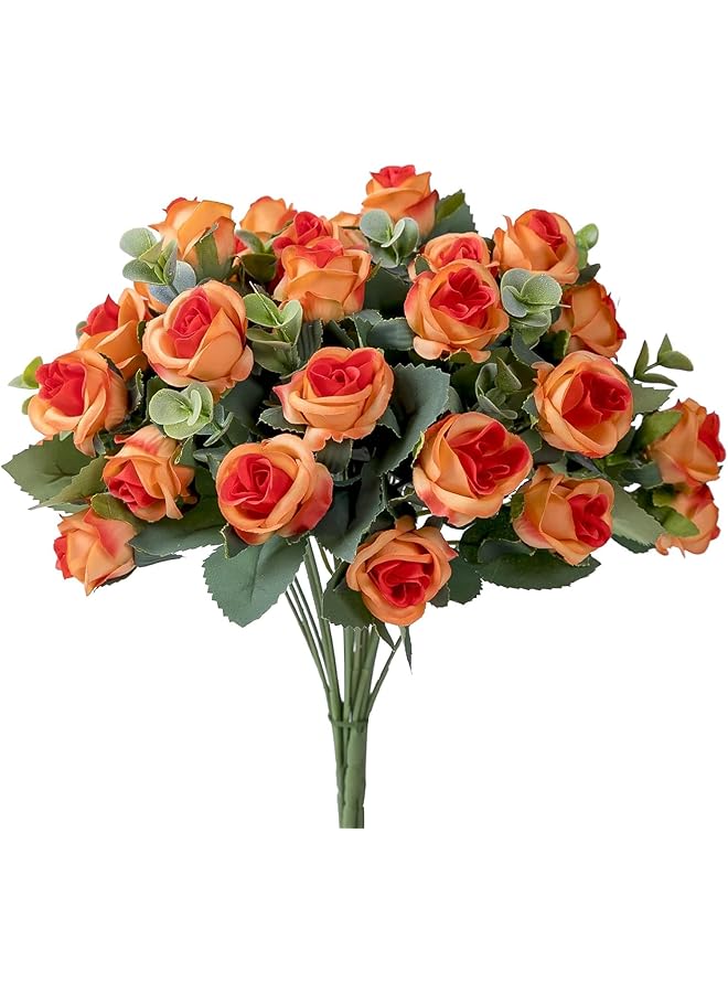 erorex Artificial Mini Rose And Eucalyptus Flower Bouquets Fake Summer Flowers Outdoor With Eucalyptus Leaves Stems Greenery Decor For Wedding Home Office 4Pcs Orange Rose - Image 1