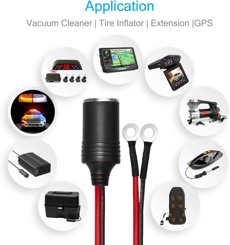 CHANZON 12V / 24V Power Supply Car Plug Outlet - 3FT/6FT UL 16AWG Cable with 15A Fuse - Heavy Duty DC Cigarette Lighter Female Socket Extension with Perforated Terminal Direct Battery Type - Image 5