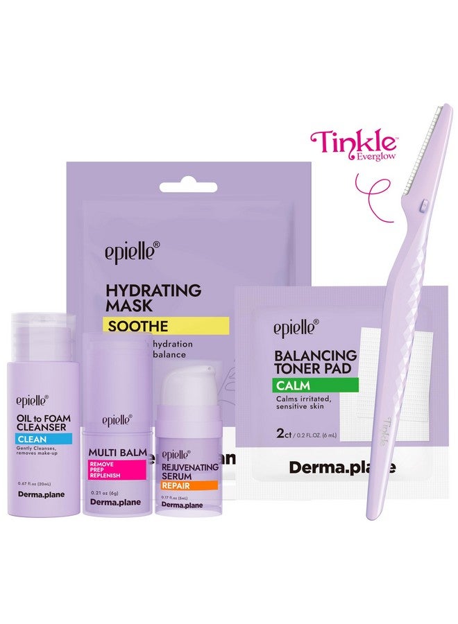 Epielle & Tinkle Complete Safe Dermaplane Starter Kit: Safe Facial Renewal System Cleanser, Multi-Balm, Dermaplane Tool, Hydrating Mask & Serum, Peach Fuzz Removal Stocking Stuffer Dermaplaning Kit - Image 1