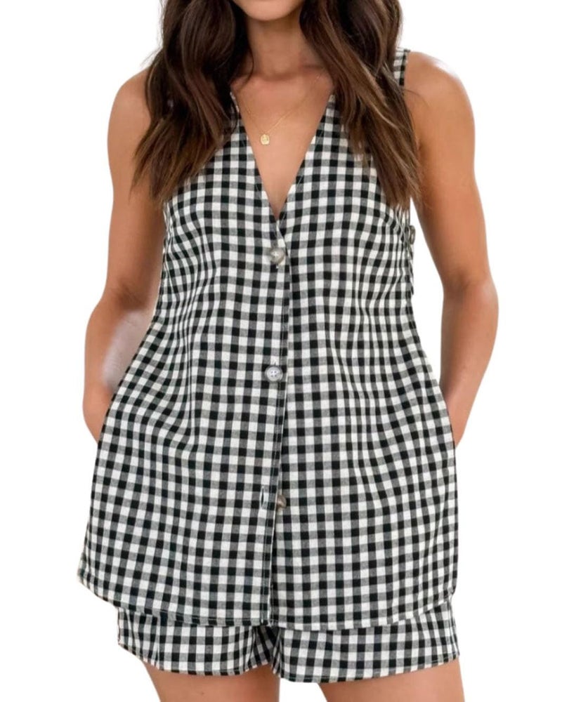 codcm Women's 2 Piece Summer Outfits Gingham Vest and Shorts Matching Set(Black,Medium) - Image 1