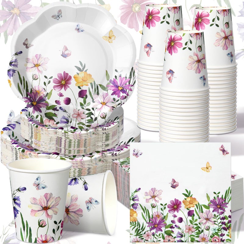 Newtay 250 Pcs Spring Floral Disposable Plates and Napkins Wildflower Paper Tableware Set for 50 Guests Paper Plates Napkins Cups for Wedding Birthday Baby Shower Party Supplies - Image 1