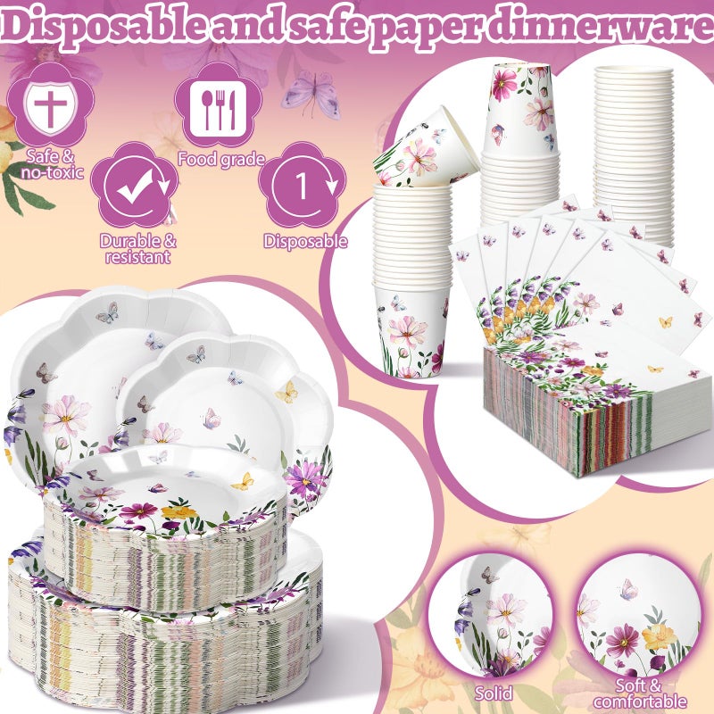 Newtay 250 Pcs Spring Floral Disposable Plates and Napkins Wildflower Paper Tableware Set for 50 Guests Paper Plates Napkins Cups for Wedding Birthday Baby Shower Party Supplies - Image 2