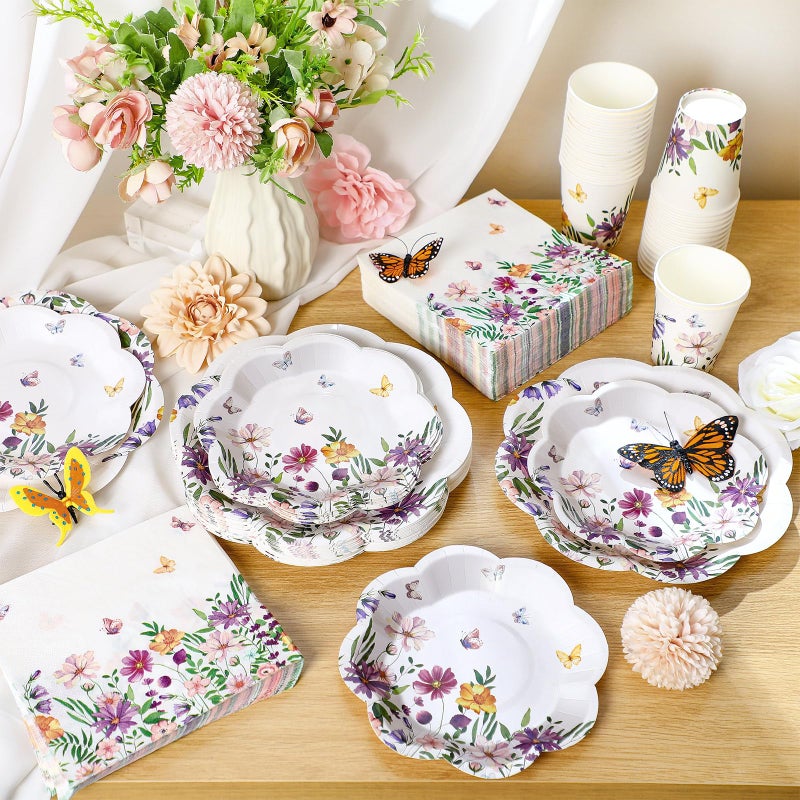 Newtay 250 Pcs Spring Floral Disposable Plates and Napkins Wildflower Paper Tableware Set for 50 Guests Paper Plates Napkins Cups for Wedding Birthday Baby Shower Party Supplies - Image 5