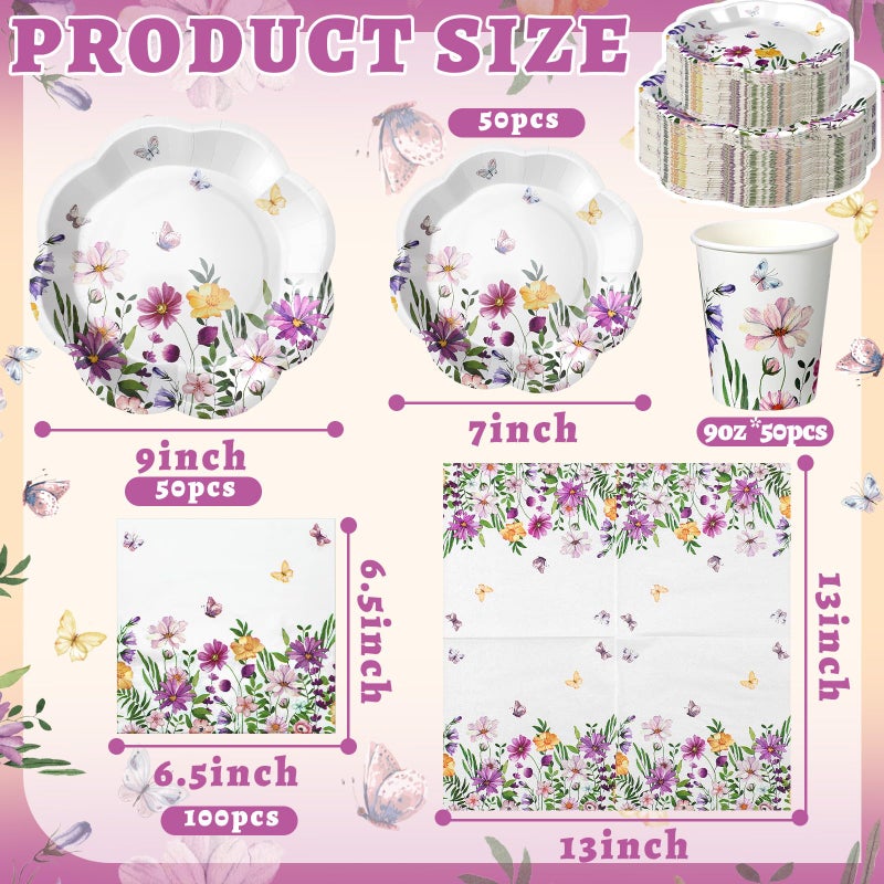 Newtay 250 Pcs Spring Floral Disposable Plates and Napkins Wildflower Paper Tableware Set for 50 Guests Paper Plates Napkins Cups for Wedding Birthday Baby Shower Party Supplies - Image 3