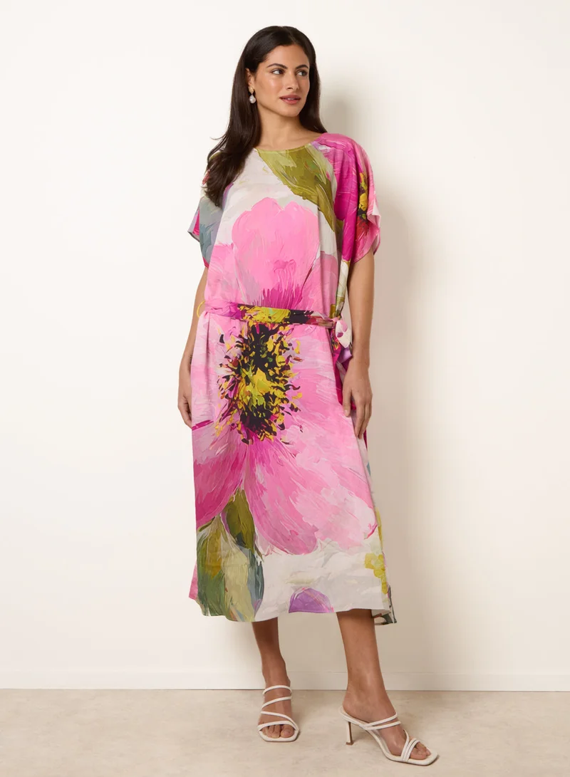 بلو فانيلا Painterly Floral Tie Waist Midi Dress
