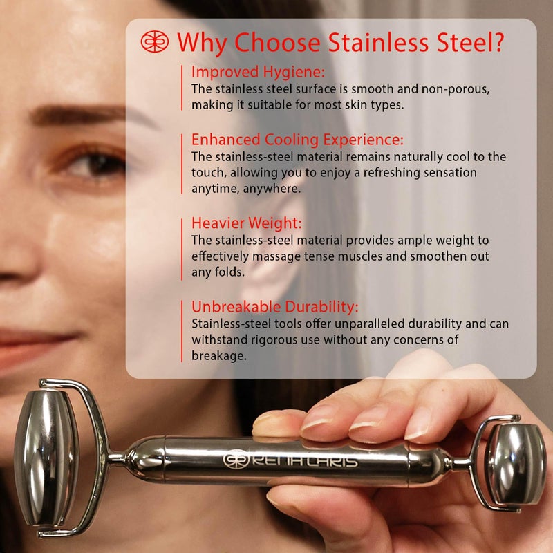 Rena Chris Gua Sha and Face Roller Set: Anti-Breakage Stainless Steel Roller for Long-Lasting Use, Jawline Sculpting and Puffiness Reducing, Gua Sha Facial Tools for Self Care Gift (Silver) - Image 5