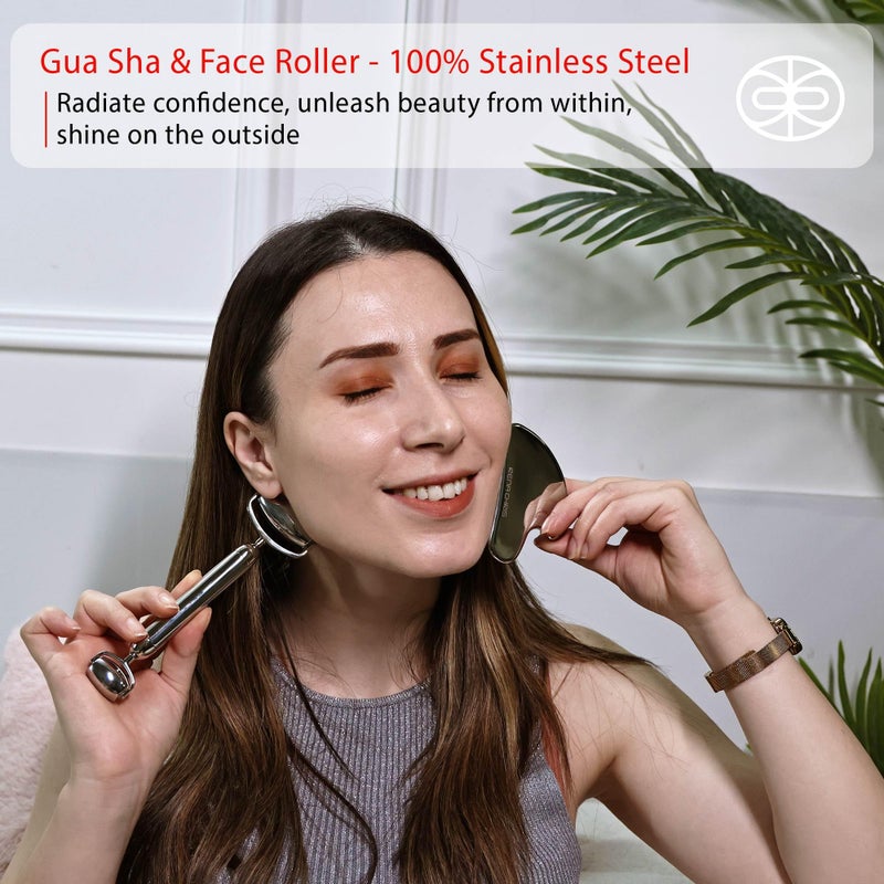 Rena Chris Gua Sha and Face Roller Set: Anti-Breakage Stainless Steel Roller for Long-Lasting Use, Jawline Sculpting and Puffiness Reducing, Gua Sha Facial Tools for Self Care Gift (Silver) - Image 3