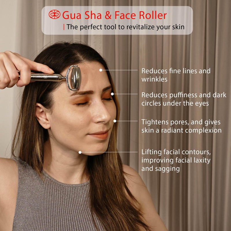 Rena Chris Gua Sha and Face Roller Set: Anti-Breakage Stainless Steel Roller for Long-Lasting Use, Jawline Sculpting and Puffiness Reducing, Gua Sha Facial Tools for Self Care Gift (Silver) - Image 4