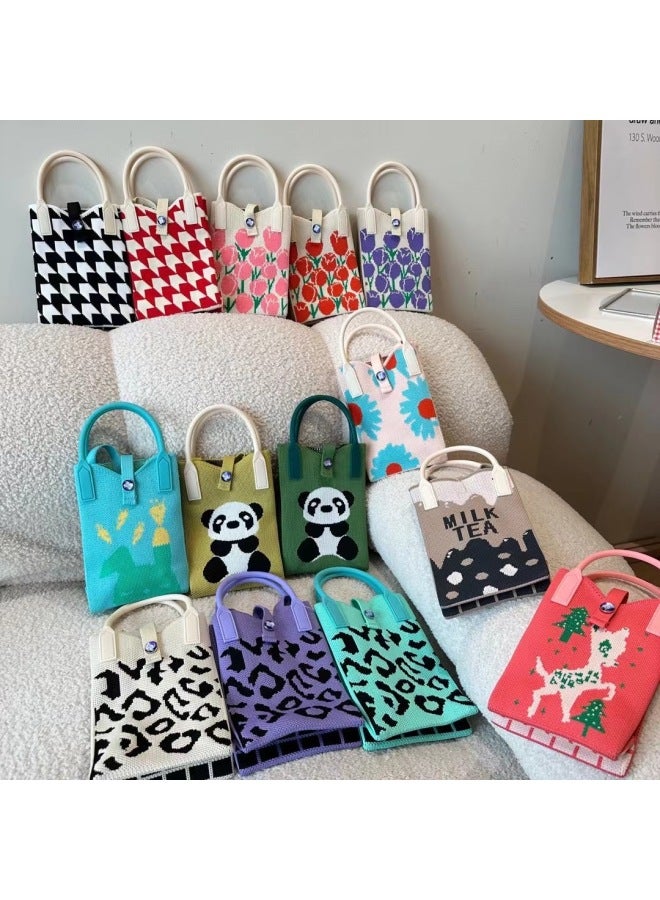 Niche Design Cute Panda Knitted Mini Mobile Phone Bag Women's All-match Portable Crossbody Bag Knitted Mobile Phone Bag Single Shoulder-Color:Orange Tulip (mobile Phone Bag)  - Image 3
