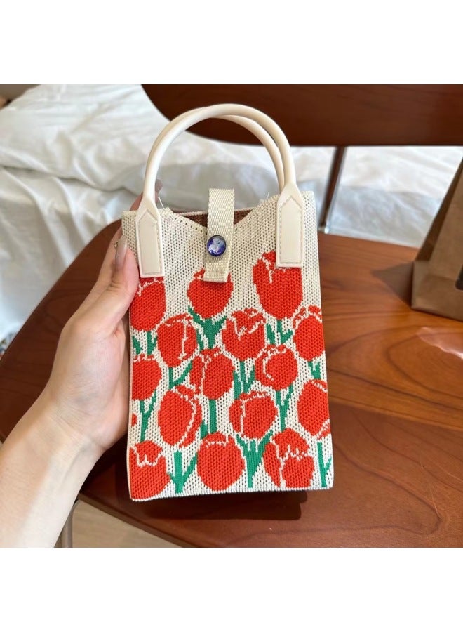 Niche Design Cute Panda Knitted Mini Mobile Phone Bag Women's All-match Portable Crossbody Bag Knitted Mobile Phone Bag Single Shoulder-Color:Orange Tulip (mobile Phone Bag)  - Image 1