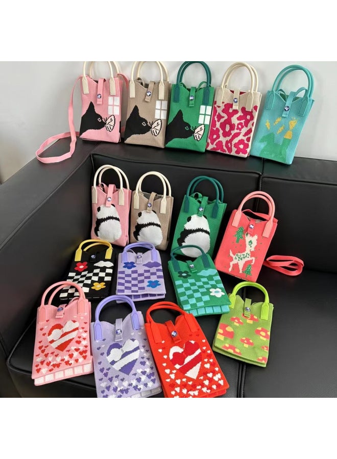 Niche Design Cute Panda Knitted Mini Mobile Phone Bag Women's All-match Portable Crossbody Bag Knitted Mobile Phone Bag Single Shoulder-Color:Orange Tulip (mobile Phone Bag)  - Image 2