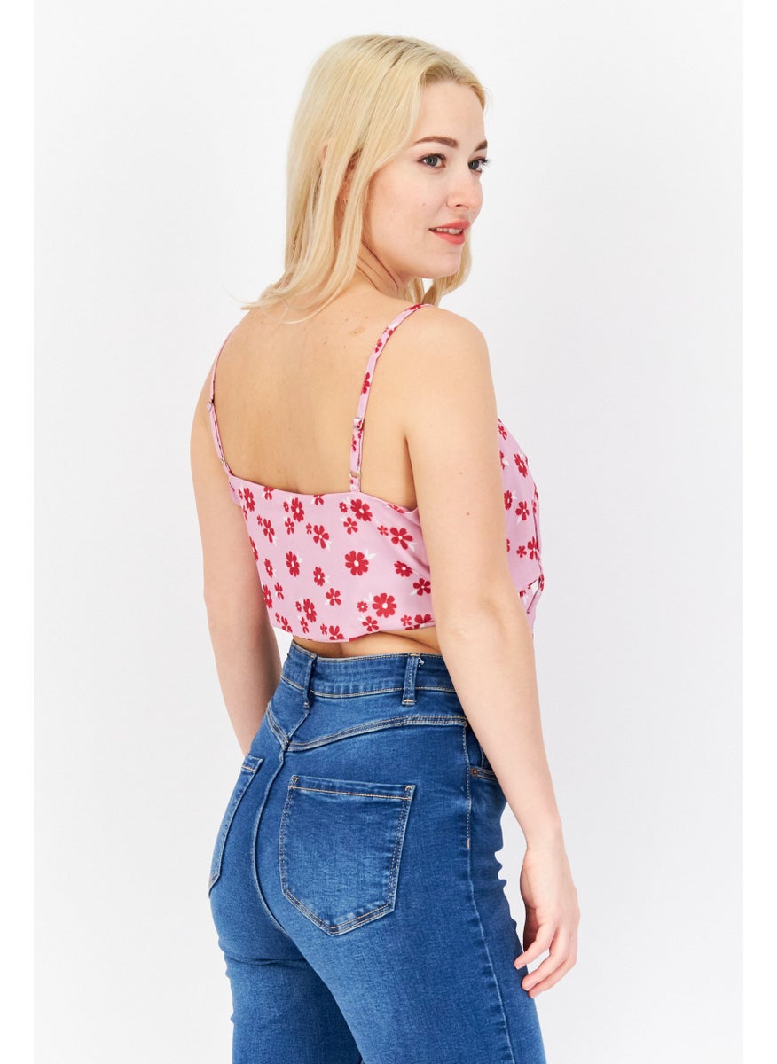 Skinny Dip London Women Tie Neck Sleeveless Floral Print Crop Top, Pink Combo  - Image 3