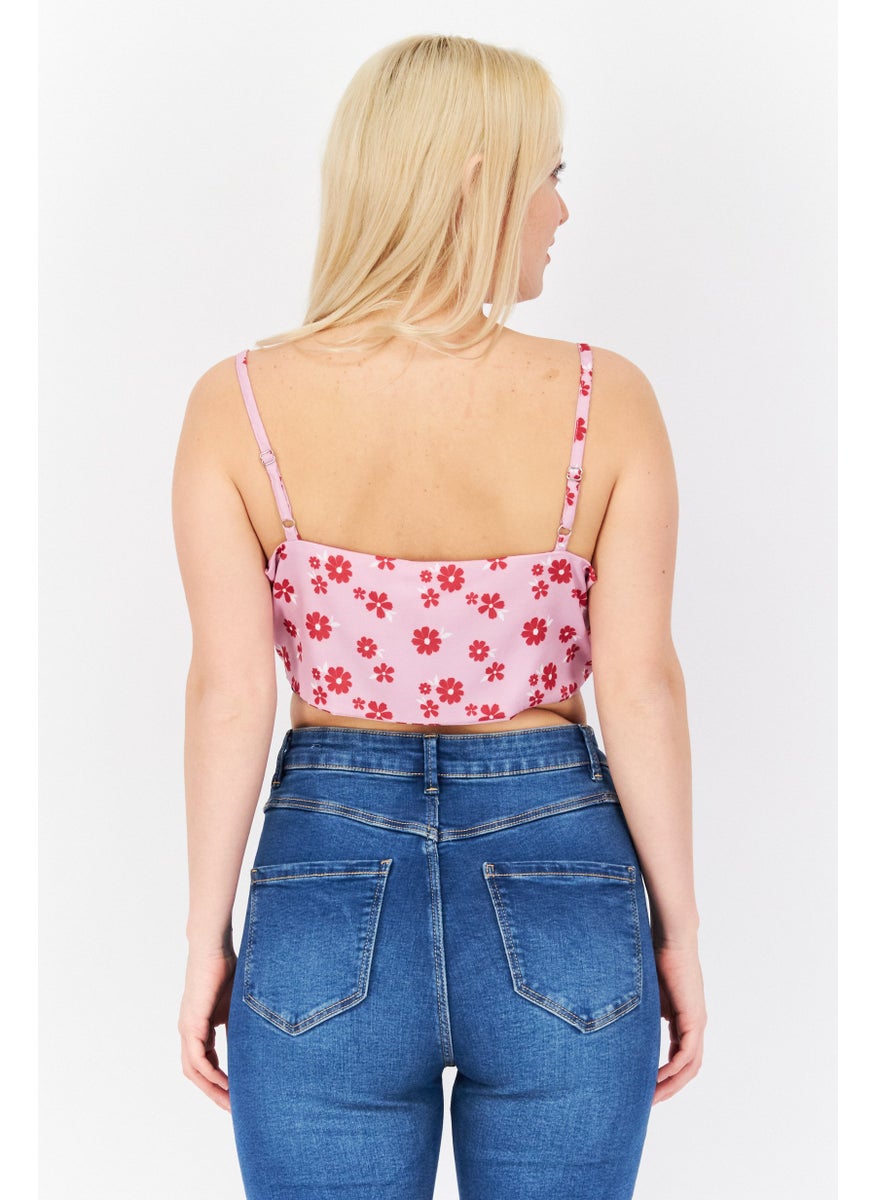 Skinny Dip London Women Tie Neck Sleeveless Floral Print Crop Top, Pink Combo  - Image 2