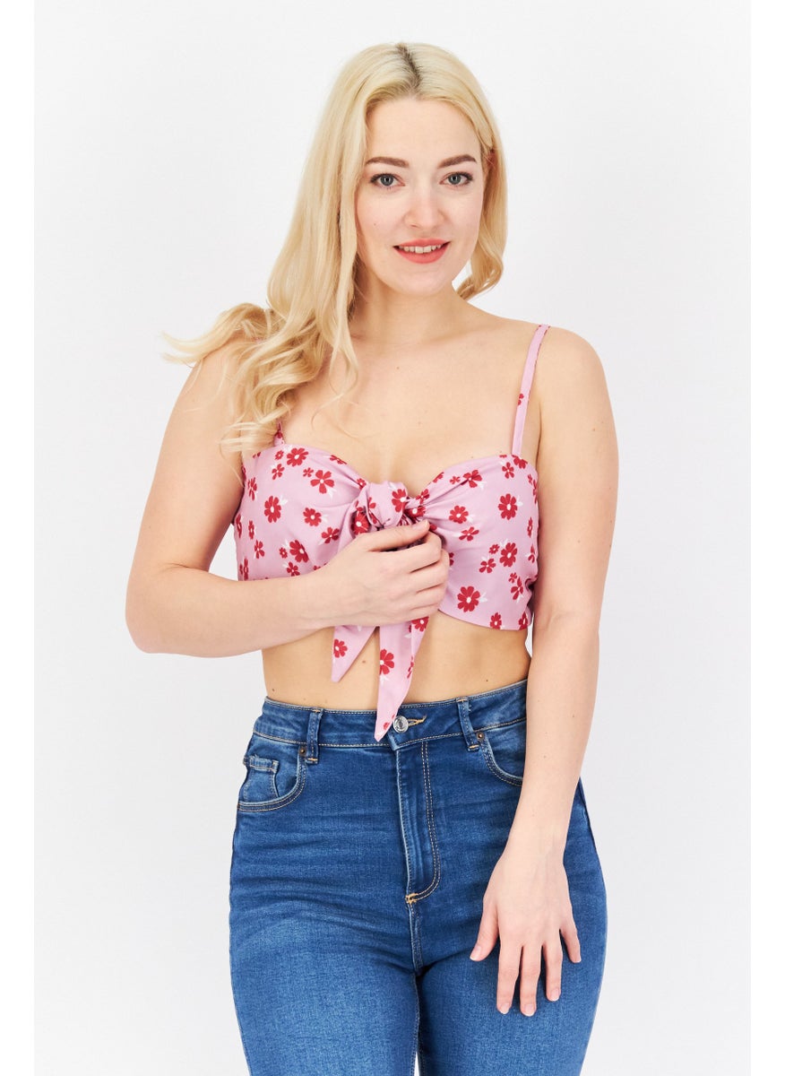 Skinny Dip London Women Tie Neck Sleeveless Floral Print Crop Top, Pink Combo  - Image 1