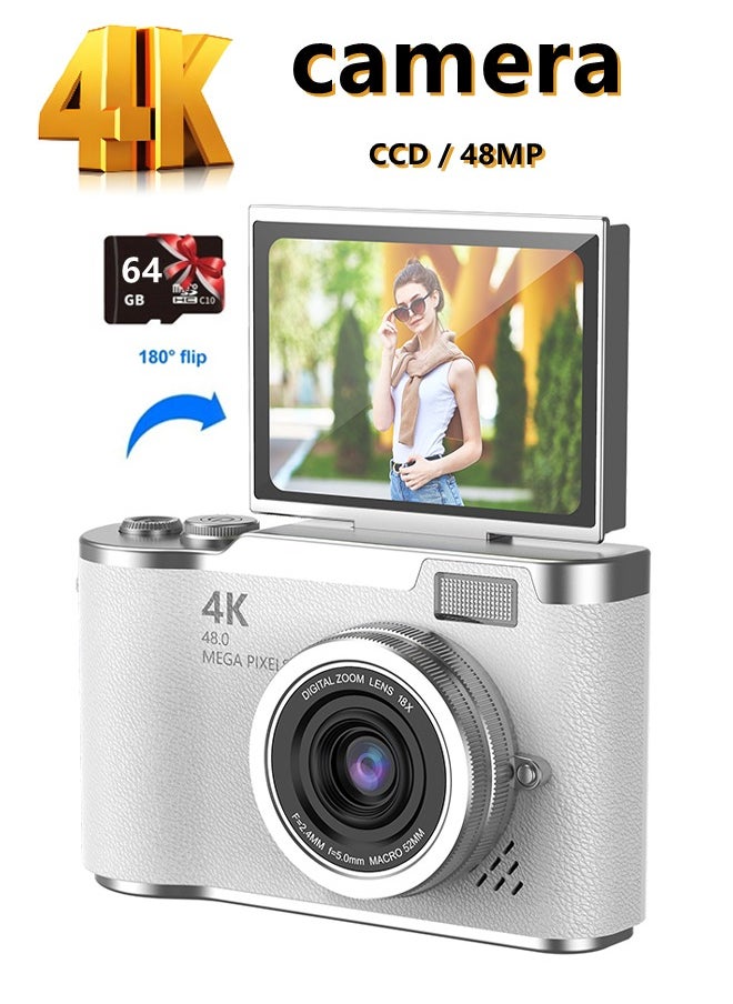 Generic 4k CCD Digital Zoom Student Digital Camera 48MP Portable Digital Photography Camera 180° Flip Screen Selfie Camera，with 64GB SD card 