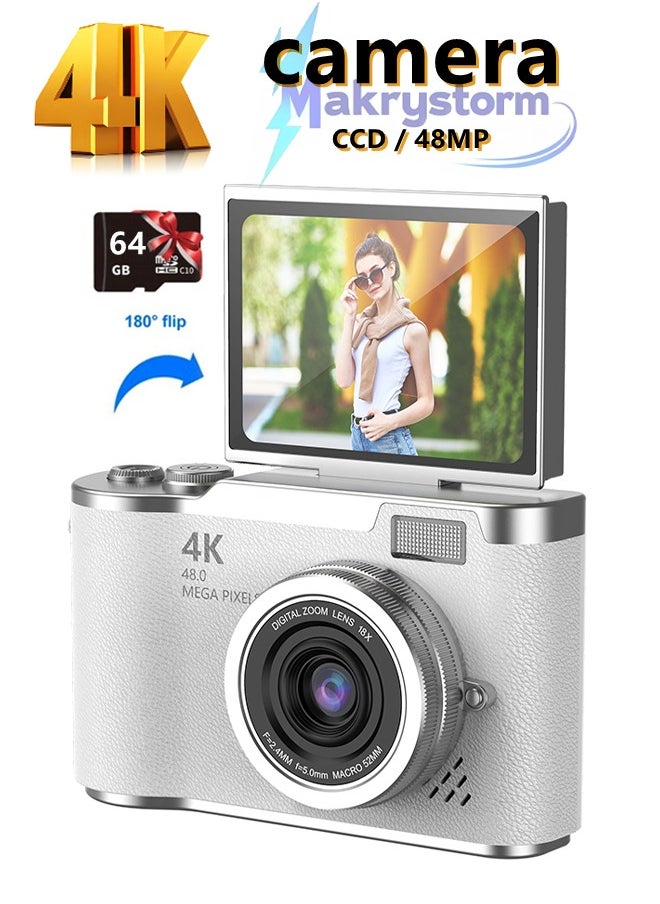 ماكرايستورم 4k CCD Digital Zoom الطالب الكاميرا الرقمية 48MP كاميرا التصوير الفوتوغرافي الرقمي المحمول 180 درجة فليب شاشة كاميرا سيلفي ، مع بطاقة SD 64 جيجا بايت  - Image 1