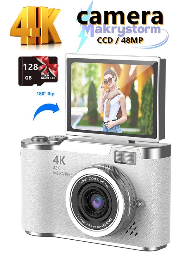 Makrystorm 4k CCD Digital Zoom Student Digital Camera 48MP Portable Digital Photography Camera 180° Flip Screen Selfie Camera，with 128GB SD card - Image 1