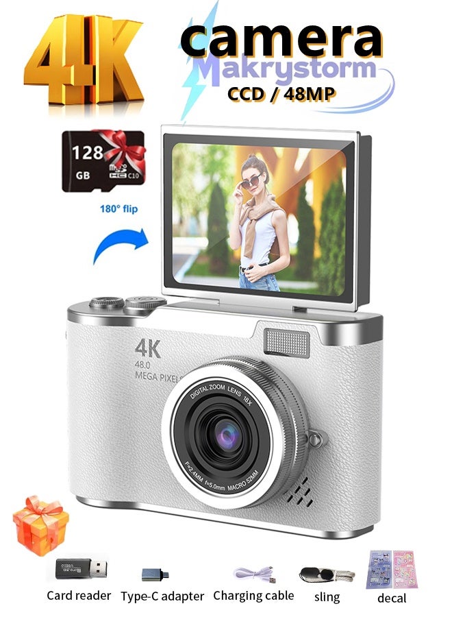 4k CCD Digital Zoom Student Digital Camera 48MP Portable Digital Photography Camera 180° Flip Screen Selfie Camera,with 128GB SD card