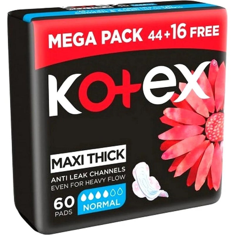 Kotex Maxi Thick Normal Sanitary Pads With Anti Leak Channels For Heavy Flow- 60 Pads