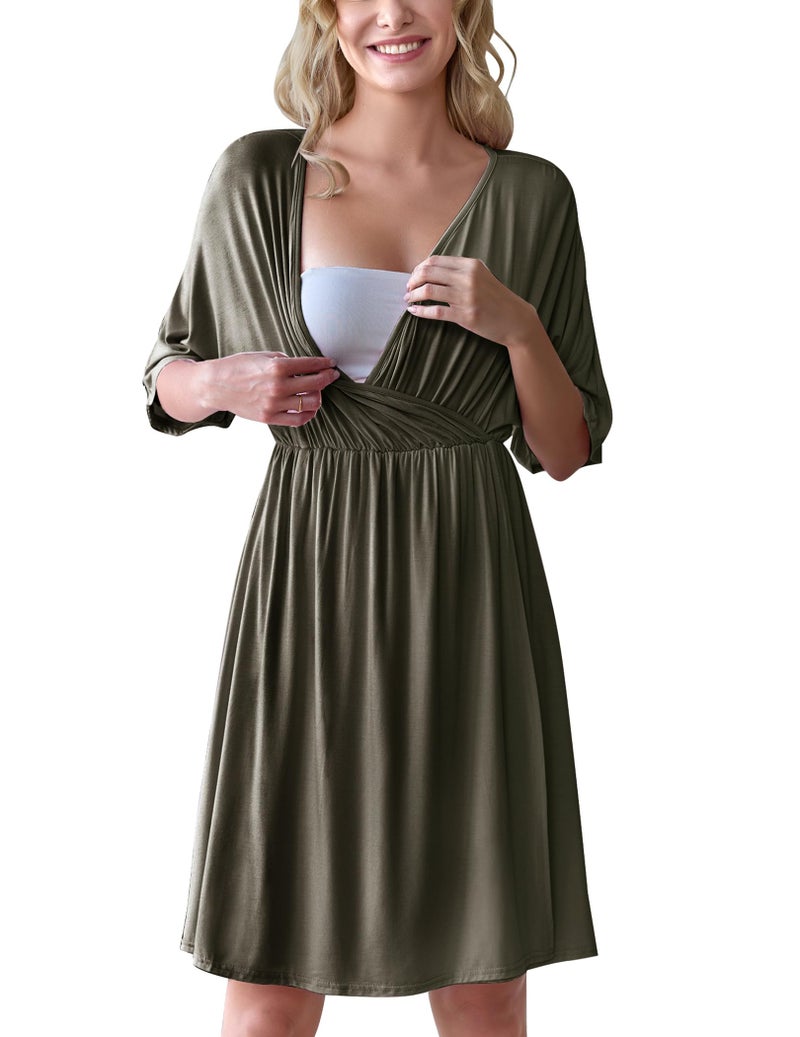 Ekouaer 3 in 1 Labor/Delivery/Hospital Gown Maternity Dress Nursing Nightgown Sleepwear for Breastfeeding, Army Green, Medium - Image 2