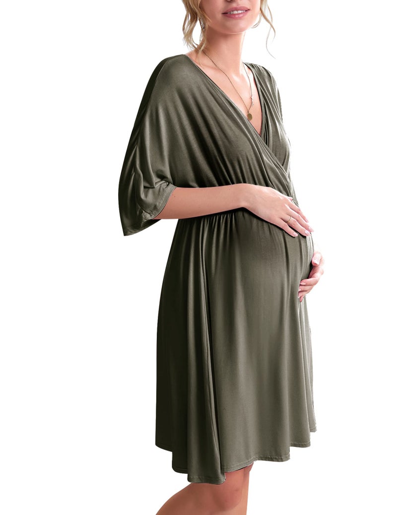 Ekouaer 3 in 1 Labor/Delivery/Hospital Gown Maternity Dress Nursing Nightgown Sleepwear for Breastfeeding, Army Green, Medium - Image 1