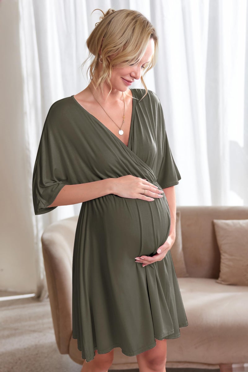 Ekouaer 3 in 1 Labor/Delivery/Hospital Gown Maternity Dress Nursing Nightgown Sleepwear for Breastfeeding, Army Green, Medium - Image 5