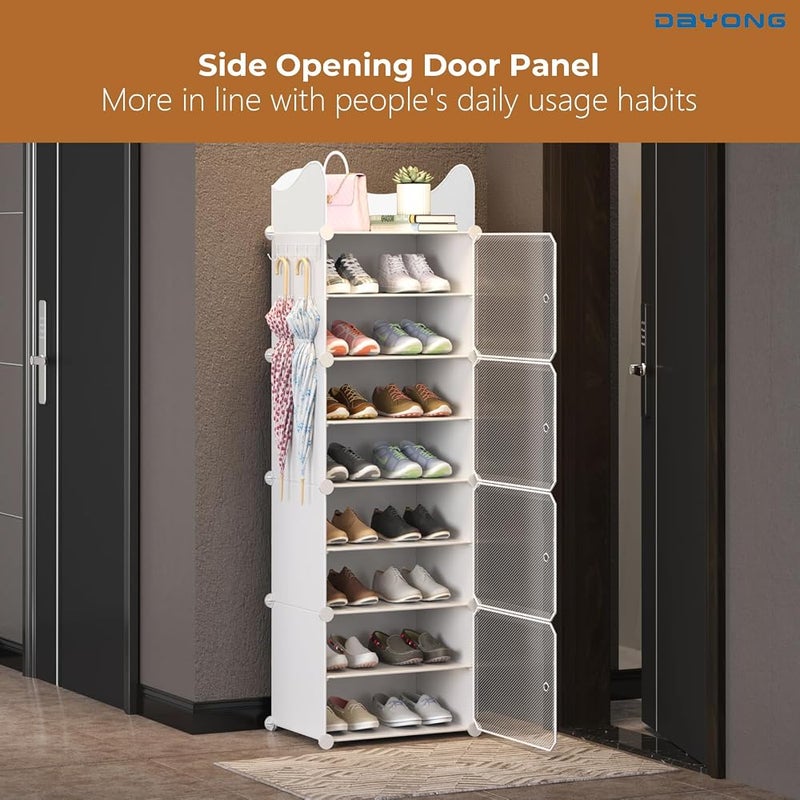 DAYONG 8-Tier Shoe Rack with Safety Rail, Shoe Storage Cabinet for Holds 16 Pairs, Plastic Shoe Shelves Organizer, Freestanding ShoeTower for Entryway, Hallway, Closet, Bedroom (White, 4 Cube/8 Tier) - Image 5