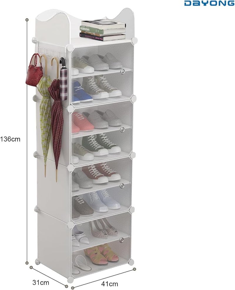 DAYONG 8-Tier Shoe Rack with Safety Rail, Shoe Storage Cabinet for Holds 16 Pairs, Plastic Shoe Shelves Organizer, Freestanding ShoeTower for Entryway, Hallway, Closet, Bedroom (White, 4 Cube/8 Tier) - Image 2