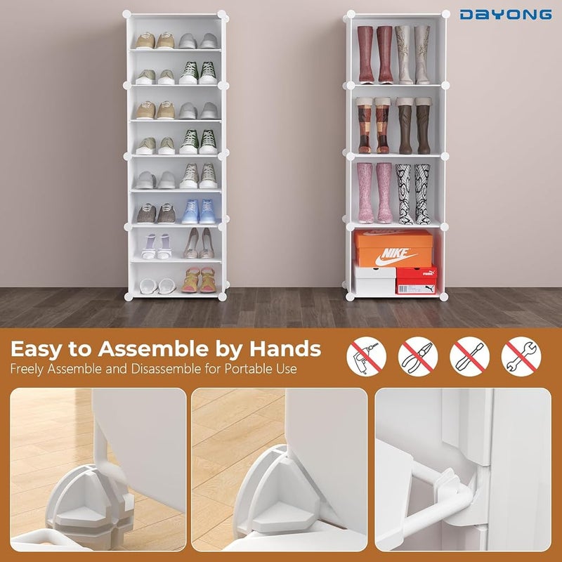 DAYONG 8-Tier Shoe Rack with Safety Rail, Shoe Storage Cabinet for Holds 16 Pairs, Plastic Shoe Shelves Organizer, Freestanding ShoeTower for Entryway, Hallway, Closet, Bedroom (White, 4 Cube/8 Tier) - Image 4