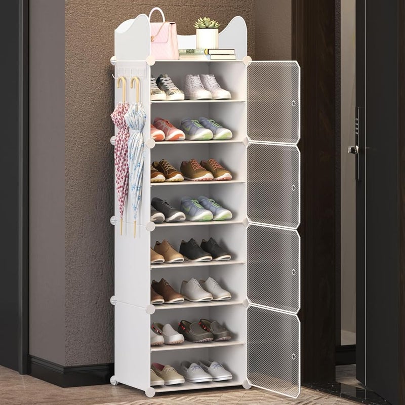 DAYONG 8-Tier Shoe Rack with Safety Rail, Shoe Storage Cabinet for Holds 16 Pairs, Plastic Shoe Shelves Organizer, Freestanding ShoeTower for Entryway, Hallway, Closet, Bedroom (White, 4 Cube/8 Tier) - Image 1