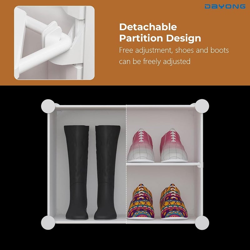 DAYONG 8-Tier Shoe Rack with Safety Rail, Shoe Storage Cabinet for Holds 16 Pairs, Plastic Shoe Shelves Organizer, Freestanding ShoeTower for Entryway, Hallway, Closet, Bedroom (White, 4 Cube/8 Tier) - Image 3