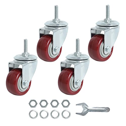 Finnhomy Swivel Caster Wheels 2 Inch Heavy Duty Threaded Stem Casters 1/4" - 20 x 1 Set of 4 for Wire Shelve Wheels PU Load Bearing 800 Lbs Anti-wear Smooth Casters, Red - Image 1