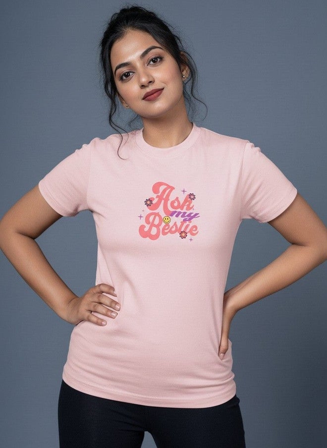 OUTLAWS Women's Pink Typography Printed T-shirt with Round Neck and Short Sleeves - Image 1