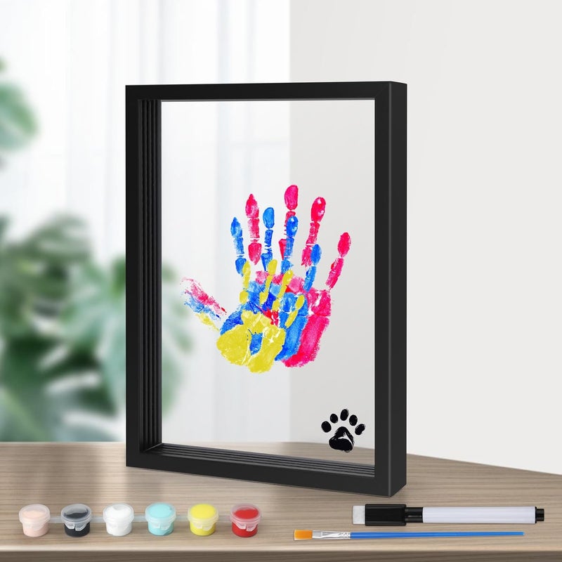 lasuroa Family Handprint Kit Transparent Baby Kid Photo Frame Wooden Colorful Craft Clear Picture Keepsake Expecting  Newborn Parent Gift for After Infant Birth Home Decoration with 6 Acrylic PaintBlack - Image 1