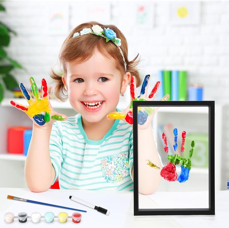 lasuroa Family Handprint Kit Transparent Baby Kid Photo Frame Wooden Colorful Craft Clear Picture Keepsake Expecting  Newborn Parent Gift for After Infant Birth Home Decoration with 6 Acrylic PaintBlack - Image 2