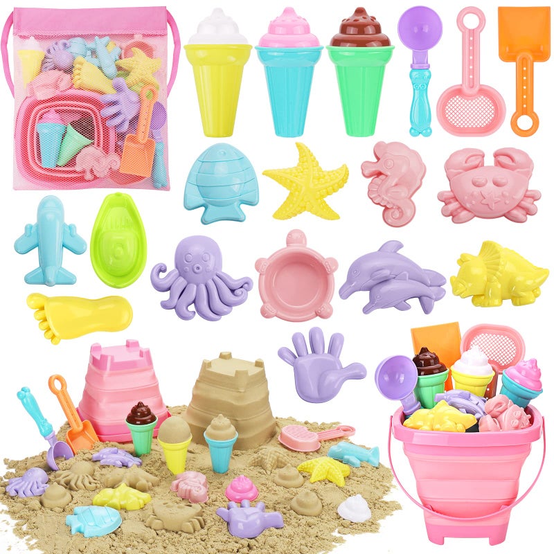 REZUCREY Beach Toys, Ice Cream Sand Toys for Toddlers, with Collapsible Bucket and Shovels for Kids with Bag, Travel Toys for Boys Baby Girls Age 3 4 5 6 7 8+ - Image 1