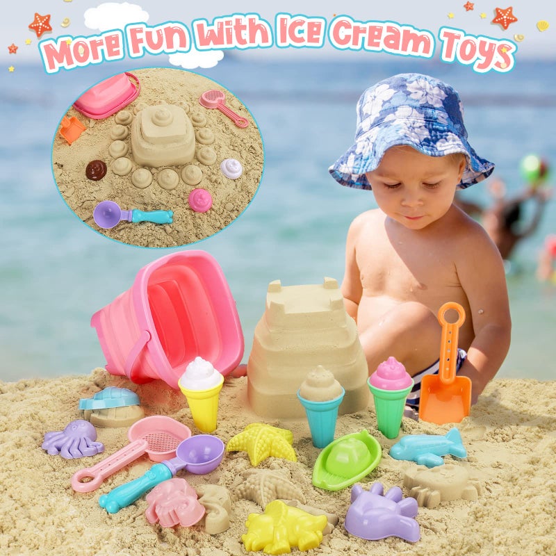 REZUCREY Beach Toys, Ice Cream Sand Toys for Toddlers, with Collapsible Bucket and Shovels for Kids with Bag, Travel Toys for Boys Baby Girls Age 3 4 5 6 7 8+ - Image 4