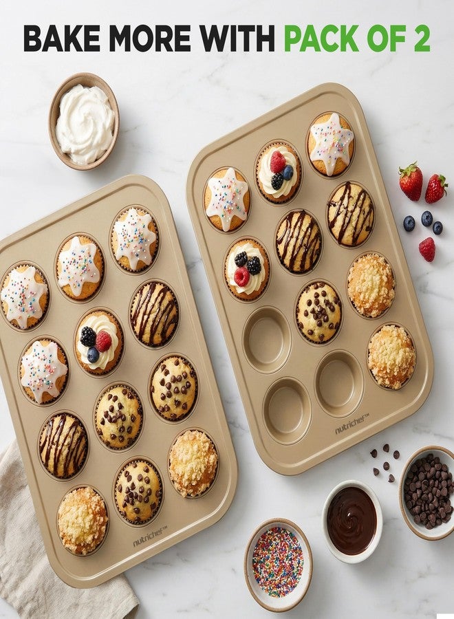 NutriChef Muffin Pans for Baking 2-Pack | Nonstick 12 Mold Cupcake Tins | Carbon Steel Stackable Cup Cake Trays | Dishwasher & Oven Safe | Includes 100 Parchment Paper Liners | 13 x 10 x 1 | Gold - Image 4