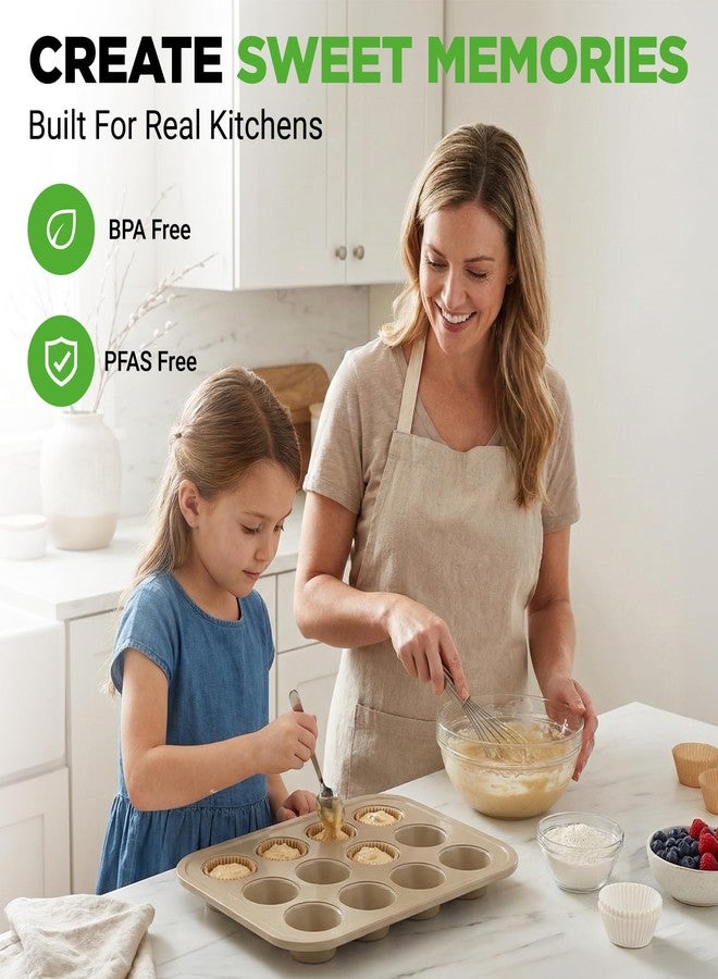 NutriChef Muffin Pans for Baking 2-Pack | Nonstick 12 Mold Cupcake Tins | Carbon Steel Stackable Cup Cake Trays | Dishwasher & Oven Safe | Includes 100 Parchment Paper Liners | 13 x 10 x 1 | Gold - Image 2