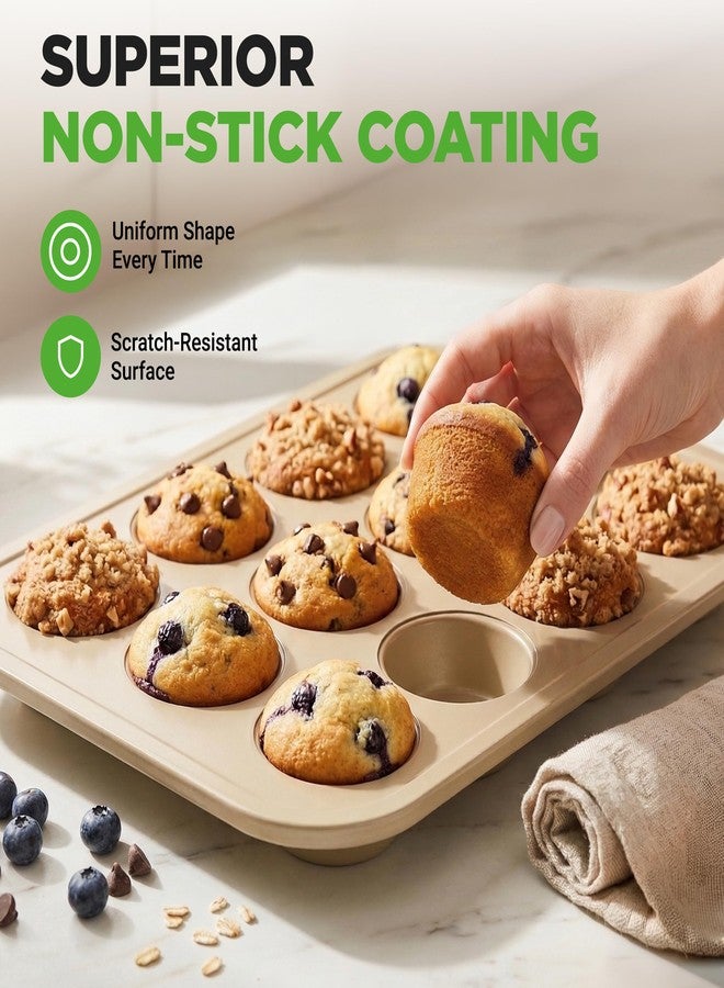 NutriChef Muffin Pans for Baking 2-Pack | Nonstick 12 Mold Cupcake Tins | Carbon Steel Stackable Cup Cake Trays | Dishwasher & Oven Safe | Includes 100 Parchment Paper Liners | 13 x 10 x 1 | Gold - Image 3