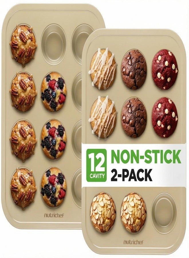 NutriChef Muffin Pans for Baking 2-Pack | Nonstick 12 Mold Cupcake Tins | Carbon Steel Stackable Cup Cake Trays | Dishwasher & Oven Safe | Includes 100 Parchment Paper Liners | 13 x 10 x 1 | Gold - Image 1