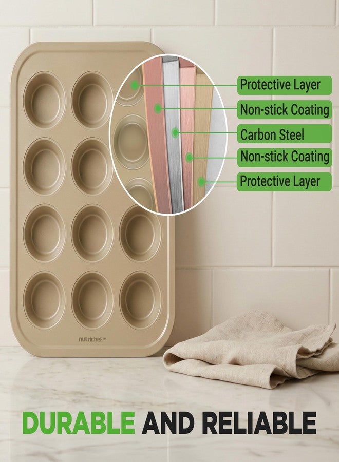 NutriChef Muffin Pans for Baking 2-Pack | Nonstick 12 Mold Cupcake Tins | Carbon Steel Stackable Cup Cake Trays | Dishwasher & Oven Safe | Includes 100 Parchment Paper Liners | 13 x 10 x 1 | Gold - Image 5